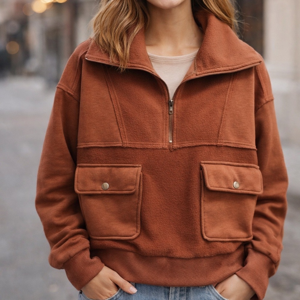 1/2 zip pullover fleece top with patch pocket front and snap detail